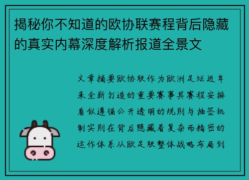揭秘你不知道的欧协联赛程背后隐藏的真实内幕深度解析报道全景文